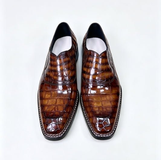 Crocodile Shoes, Giày lười nam da cá sấu nâu vintage, kiểu slip-on