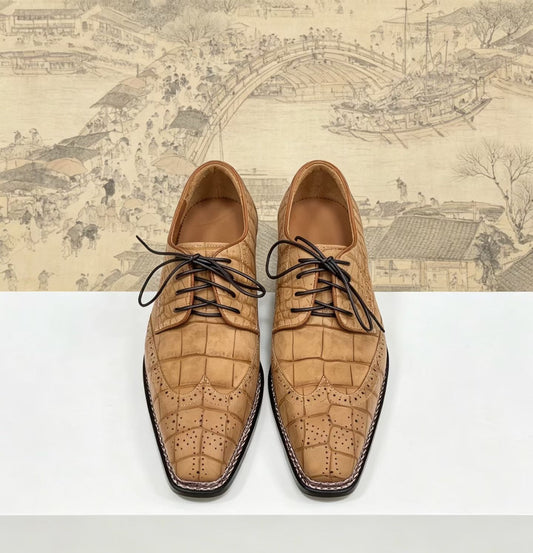 Giày cá sấu, giày buộc dây công sở da nubuck cá sấu nam