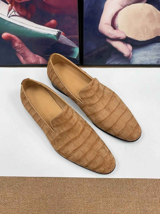 Giày da cá sấu nubuck nam, giày lười slip-on màu camel
