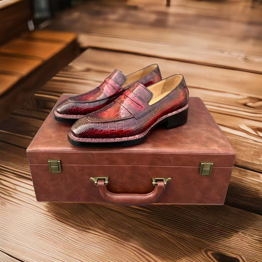 Giày da cá sấu, giày da cá sấu nam, giày lười slip-on da cá sấu màu đỏ rượu vang vintage kiểu Na Uy cho nam