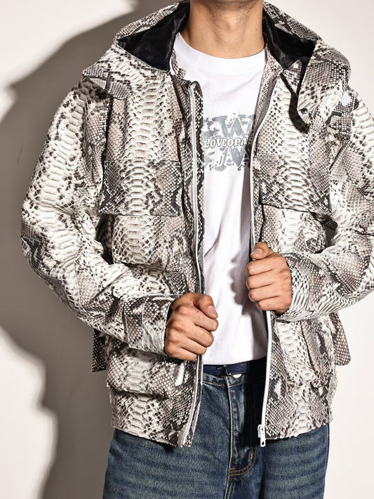 Python Leather Jacket , Mens Python Skin Leather Slim Fit Motorcycle Bomber Biker Jacket