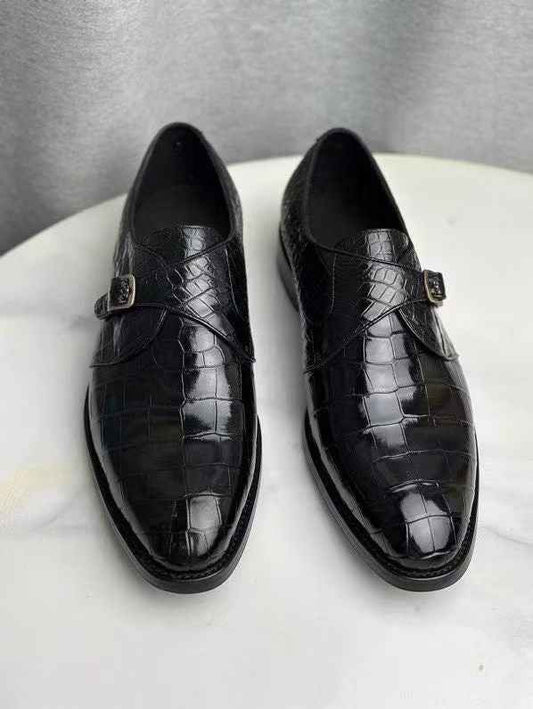 Crocodile Monk Strap Slip-On Loafer Buesiness Dress Shoes Black