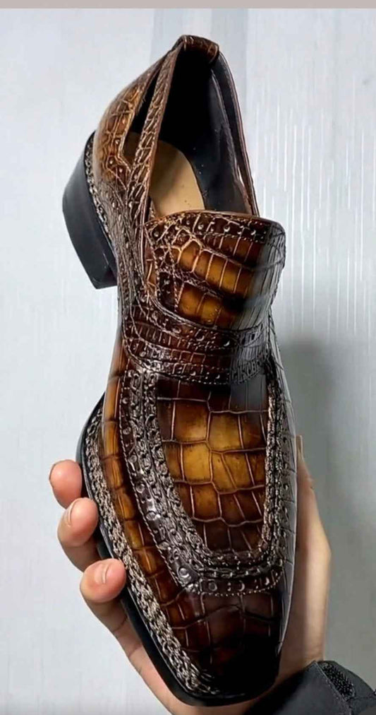 Giày cá sấu, giày loafer da cá sấu nâu vintage may kiểu Na Uy