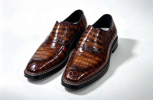Crocodile Shoes, Giày lười nam da cá sấu nâu vintage, kiểu slip-on