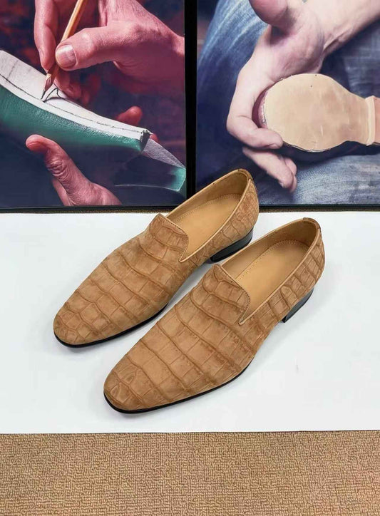 Giày da cá sấu nubuck nam, giày lười slip-on màu camel