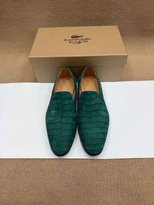 Giày da cá sấu, giày lười nam slip-on da nubuck cá sấu màu xanh lá