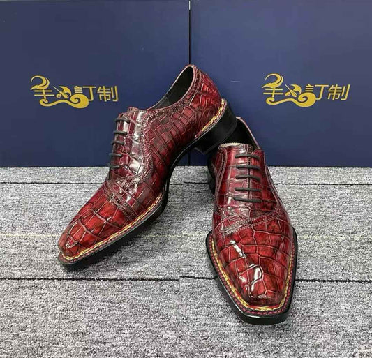 Crocodile Shoes, Giày công sở nam buộc dây kiểu Na Uy màu đỏ rượu vang vintage