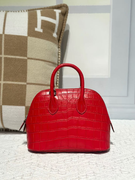 alt
Borsa mini bowling con manico superiore in vera pelle di coccodrillo rossa