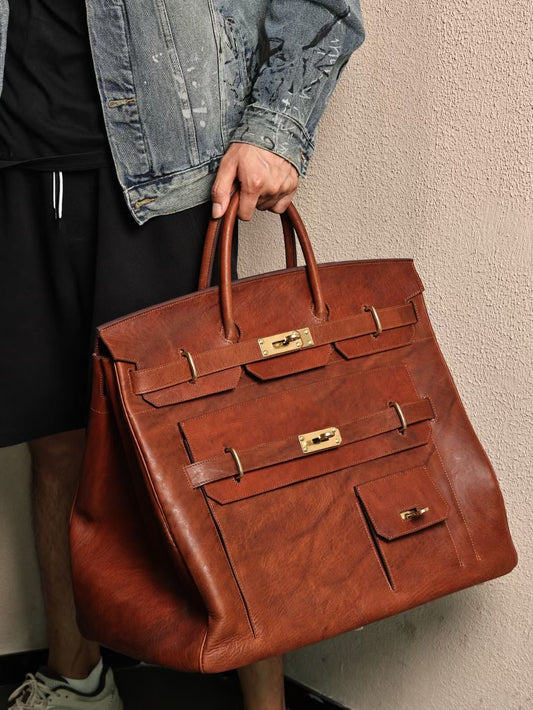 Borsa extra large in pelle cordovan vintage lavata, super capiente, con lucchetto, per ufficio, lavoro e viaggi