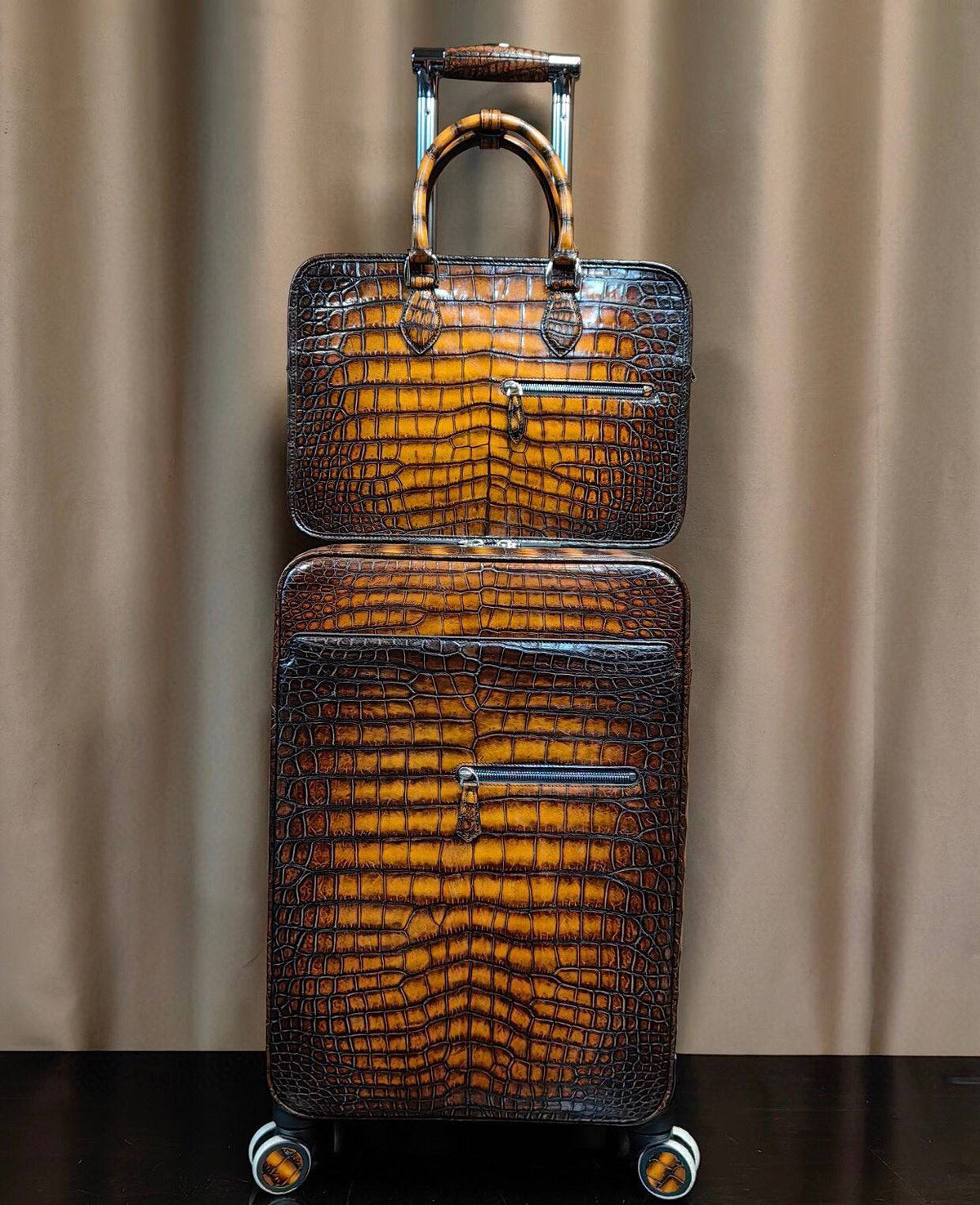 Túi/vali kéo da cá sấu phong cách retro vintage, vali du lịch cuối tuần, bánh xe đa năng 20 inch, kèm bộ cặp