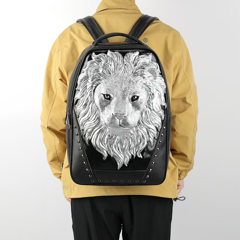 3D Leather Backpack 3D Lion Head Modeling outdoor Backpack Travel Computer Bags Small