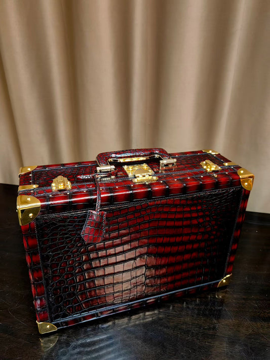 Borsa box per vino in vera pelle di coccodrillo, rosso vino vintage