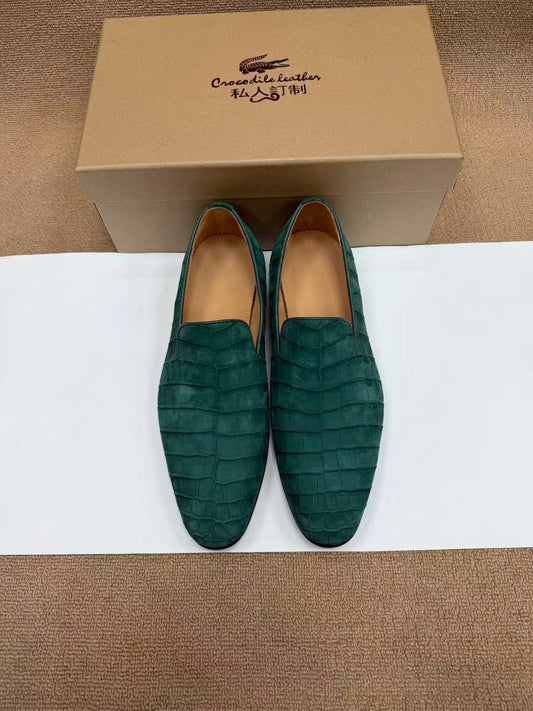 Giày da cá sấu, giày lười nam slip-on da nubuck cá sấu màu xanh lá