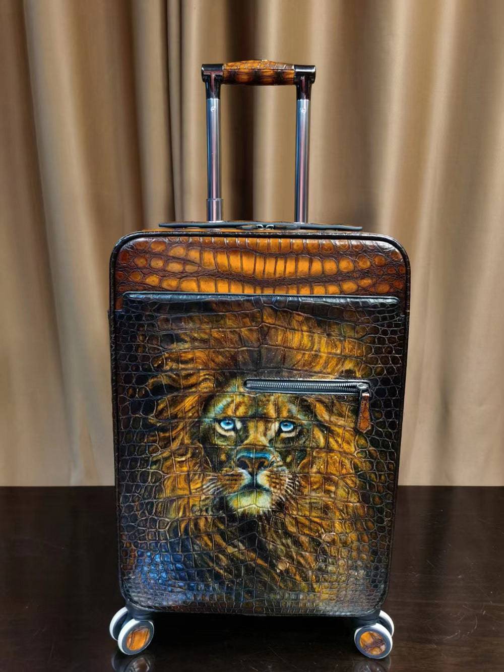 Retro valigia trolley/da viaggio in pelle marrone effetto coccodrillo, 20 pollici, ruote universali, con pittura a mano