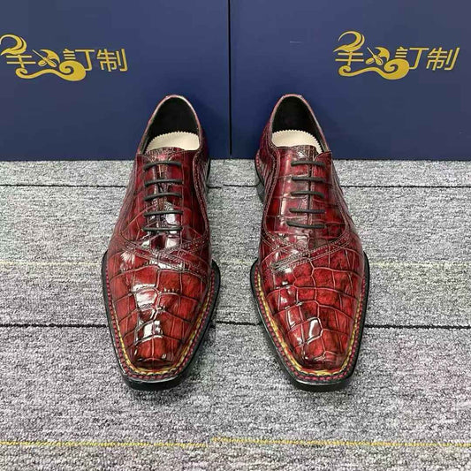 Crocodile Shoes, Giày công sở nam buộc dây kiểu Na Uy màu đỏ rượu vang vintage