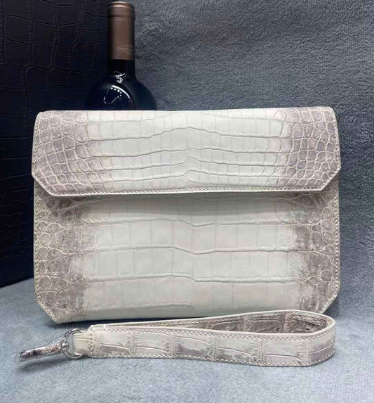 Borsa clutch con manico in vera pelle di coccodrillo bianca Himalaya