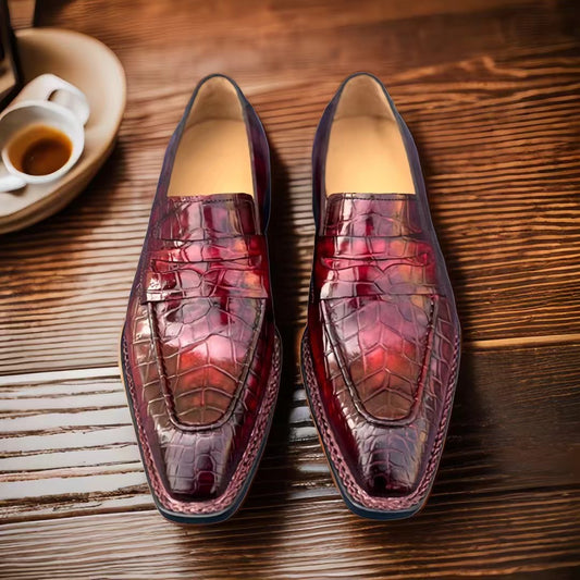 Giày da cá sấu, giày da cá sấu nam, giày lười slip-on da cá sấu màu đỏ rượu vang vintage kiểu Na Uy cho nam