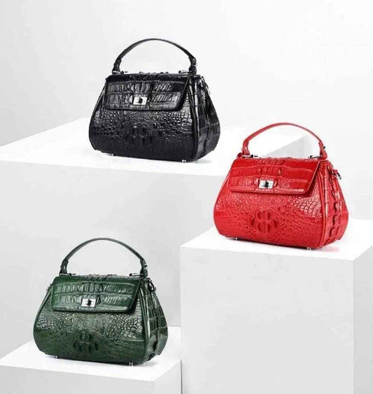 Women's Crocodile Leather Small Turn Lock Top Handle Cross Body Bag