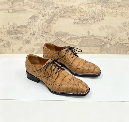 Giày cá sấu, giày buộc dây công sở da nubuck cá sấu nam
