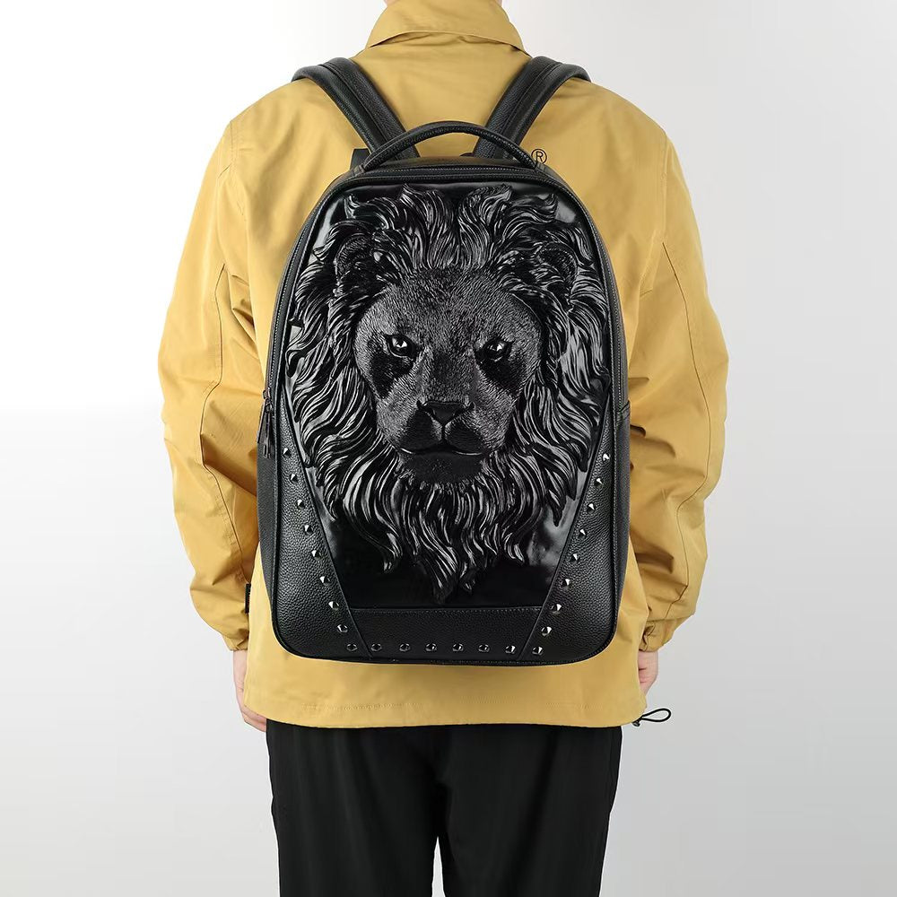 3D Leather Backpack 3D Lion Head Modeling outdoor Backpack Travel Computer Bags Small
