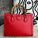 Crocodile Skin Leather Shoulder Crossbody Bag With Bamboo Handle Red